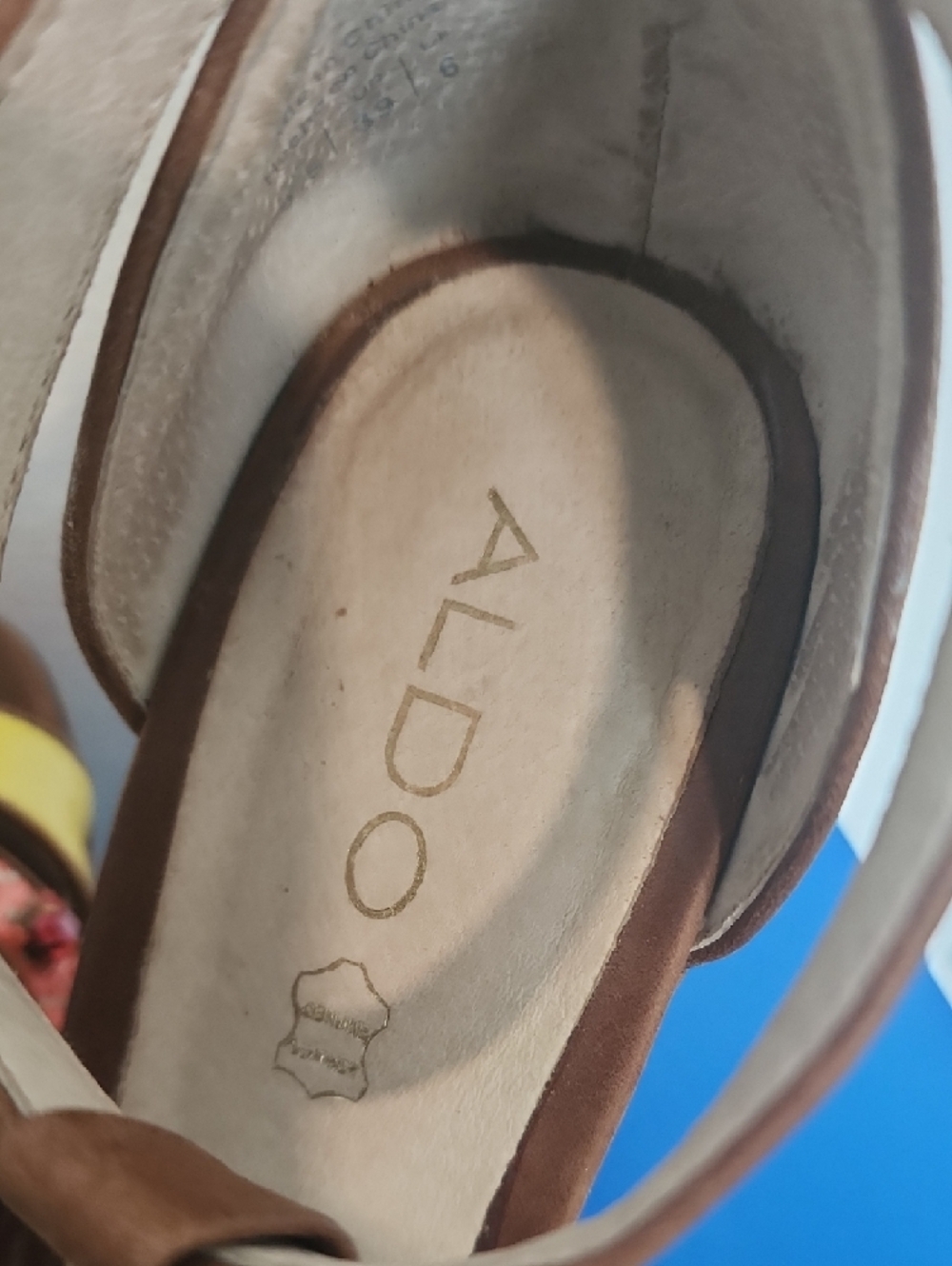 Aldo Tan Wedge Sandals with Yellow & Blue Straps - Picture 8 of 9